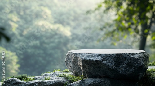 podium on rock pedestal for a product display stand, green forest and blurred on the background, natural scenery landscape. Generative ai