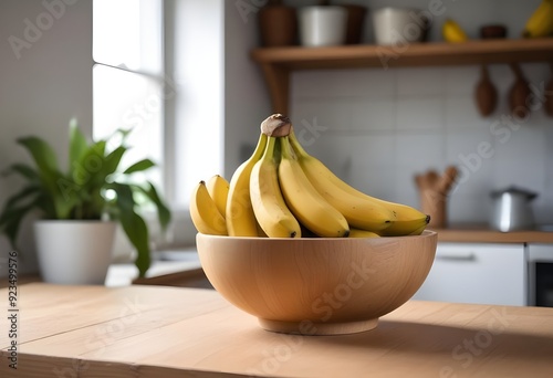 A bowl of ripe yellow bananas on a wooden table