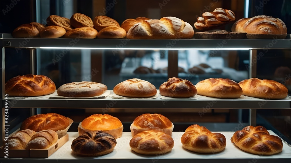 A cozy bakery scene with a variety of freshly baked bread pastries, each one more unique and mouth-watering than the last. A cozy bakery scene with a variety of freshly baked bread pastries, each one more unique and mouth-watering than the last.