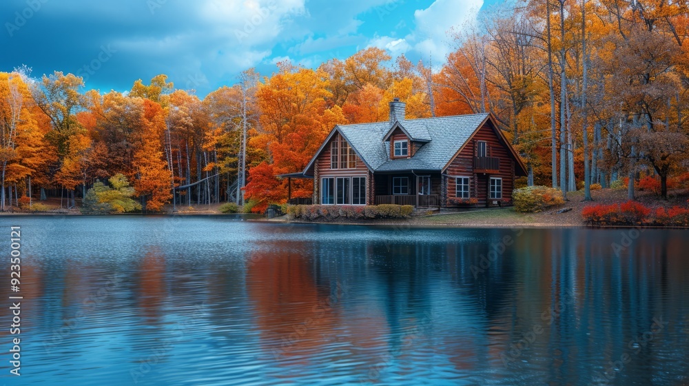 Cabin on a Tranquil Lake in Autumn Cabin on a Tranquil Lake in Autumn