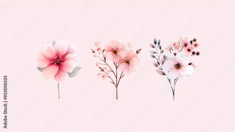 Botanical cartoon flowers, flat design, top view, pastel palette