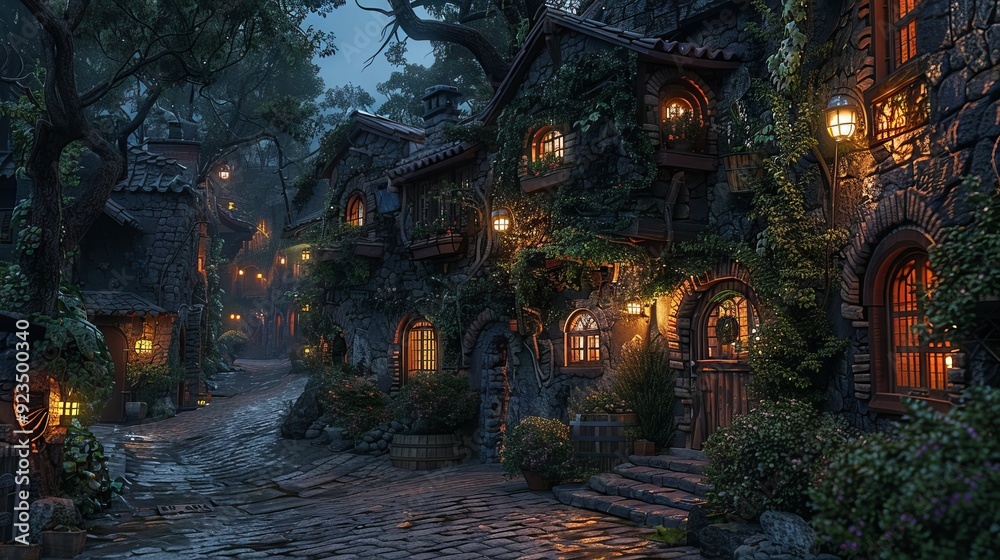 A Cozy Stone Village Street at Night A Cozy Stone Village Street at Night