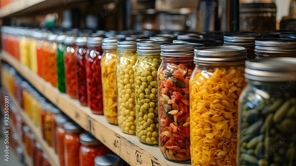 Elegant and Organized Shelf Display of Assorted Preserved Foods in Mason Jars for Indoor Market or Store Elegant and Organized Shelf Display of Assorted Preserved Foods in Mason Jars for Indoor Market or Store