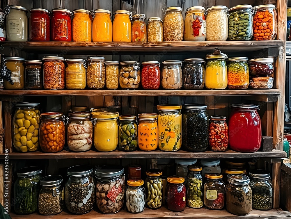 Assortment of Preserved Foods in Mason Jars on a Shelving Unit for an Inviting Indoor Market Display Assortment of Preserved Foods in Mason Jars on a Shelving Unit for an Inviting Indoor Market Display