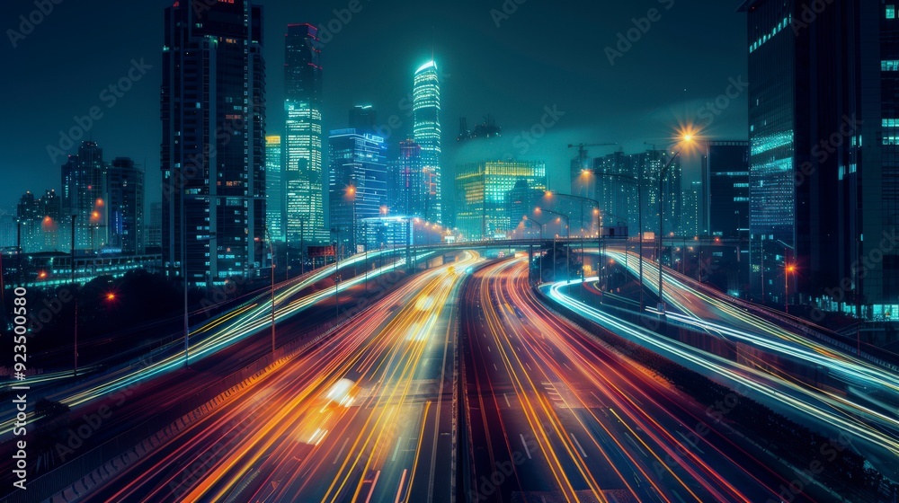 Naklejka premium Long exposure light trails of traffic on a multi-lane highway leading towards an illuminated modern city skyline at night.