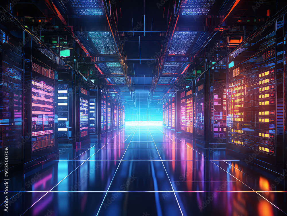 Exceptional A glowing row of computer equipment in order