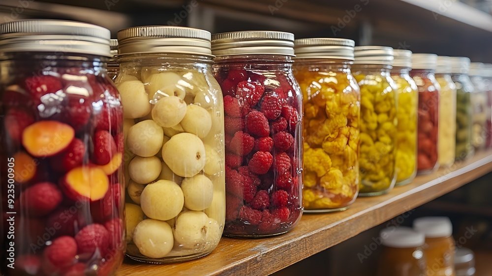Assorted Jars of Preserved Fruits and Vegetables on a Rustic Shelf in an Indoor Market, Showcasing Natural Food Storage Solutions Assorted Jars of Preserved Fruits and Vegetables on a Rustic Shelf in an Indoor Market, Showcasing Natural Food Storage Solutions