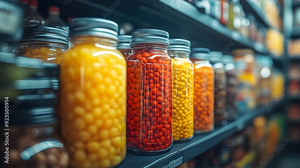 Assorted Preserved Food in Glass Jars with Yellow Liquid on Shelf for Food Storage and Canning Enthusiasts - Perfect for Indoor Cooking Inspiration Assorted Preserved Food in Glass Jars with Yellow Liquid on Shelf for Food Storage and Canning Enthusiasts - Perfect for Indoor Cooking Inspiration