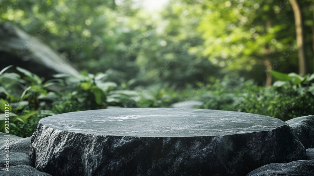 podium on rock pedestal for a product display stand, green forest and blurred on the background, natural scenery landscape. Generative ai podium on rock pedestal for a product display stand, green forest and blurred on the background, natural scenery landscape. Generative ai