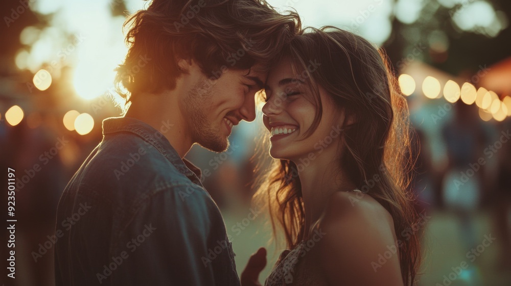 Romantic Couple Smiling and Embracing at Sunset in an Outdoor Festival Setting Romantic Couple Smiling and Embracing at Sunset in an Outdoor Festival Setting