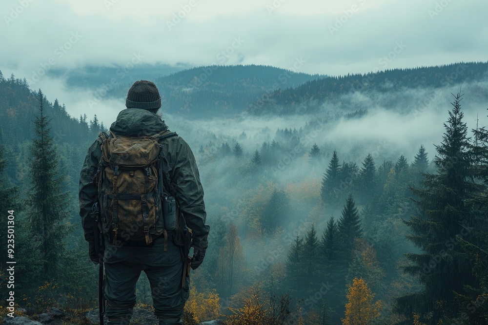 Hunter wearing brown jacket standing in foggy forest