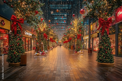 People walking in a shopping mall decorated for christmas holidays