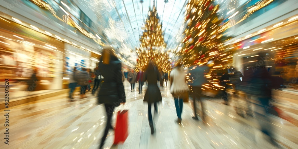 Blurred image of shoppers walking through a festive mall decorated with illuminated Christmas trees and sparkling holiday lights, capturing the energy of seasonal shopping Blurred image of shoppers walking through a festive mall decorated with illuminated Christmas trees and sparkling holiday lights, capturing the energy of seasonal shopping