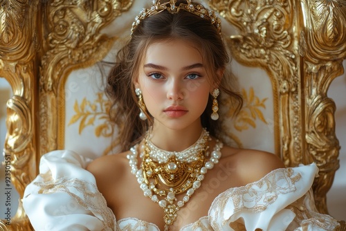 Young queen posing on her throne wearing luxury dress and crown