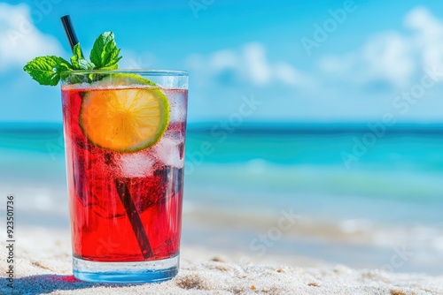 Tropical cocktail standing on white sand beach with turquoise sea background