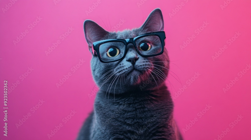 Gray Cat with Glasses on Pink Background for Back-to-School Social Media Content Gray Cat with Glasses on Pink Background for Back-to-School Social Media Content