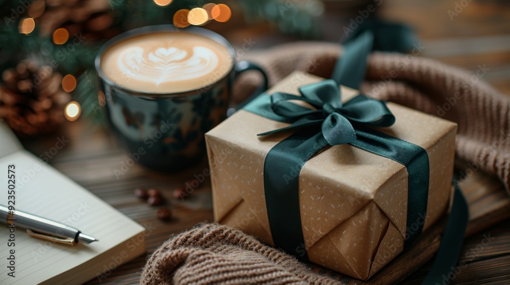 Cozy Holiday Gift with Latte and Knitted Sweater in Warm Ambiance Cozy Holiday Gift with Latte and Knitted Sweater in Warm Ambiance