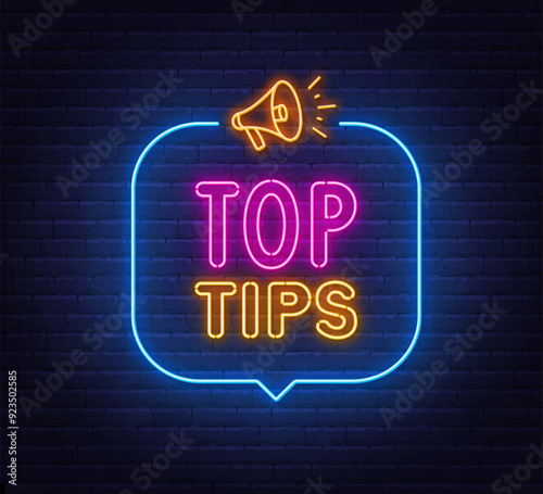 Top Tips neon sign in speech bubble on brick wall background.