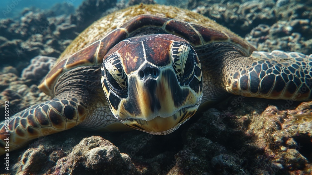 Obraz premium Close-up shot of a turtle resting peacefully on the coral floor.