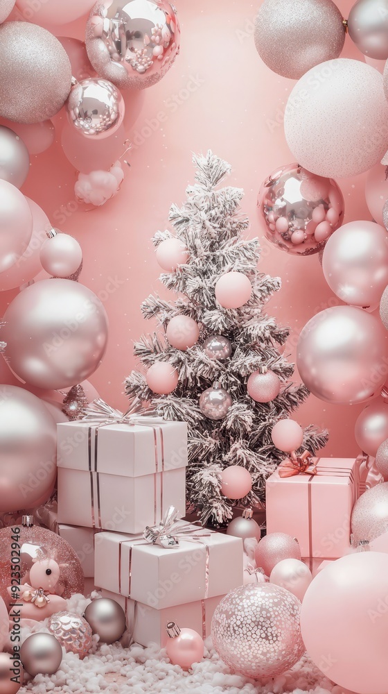 Pink Christmas background with silver and white gifts and a decorated tree Pink Christmas background with silver and white gifts and a decorated tree