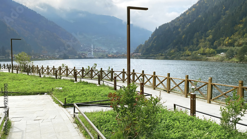 Caykara, Trabzon, Turkey 14 October 2021. Landscape of Mosque on the mountain of famous long lake at Uzungol, Trabzon. Best places to visit in Turkey. Mosque on the mountain lake Uzungol.
