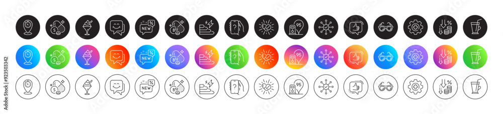 Coffee cup, Ask question and Petrol station line icons. Round icon gradient buttons. Pack of Smile face, Timer, Medicine icon. Sunglasses, Sulfur mineral, Medical drugs pictogram. Vector Coffee cup, Ask question and Petrol station line icons. Round icon gradient buttons. Pack of Smile face, Timer, Medicine icon. Sunglasses, Sulfur mineral, Medical drugs pictogram. Vector