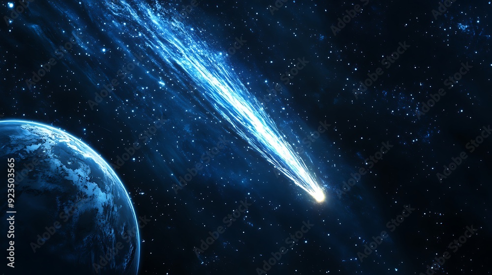 Obraz premium Celestial Encounter: Stunning Comet Tail Passing Earth in Realistic Style with Intricate Details and Blue Tones, High Resolution View from Below