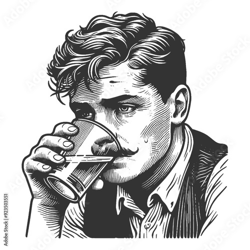 Alcoholic tired or melancholic man drinking alcohol vodka, sense of weariness sketch engraving generative ai fictional character vector illustration. Scratch board imitation. Black and white image.