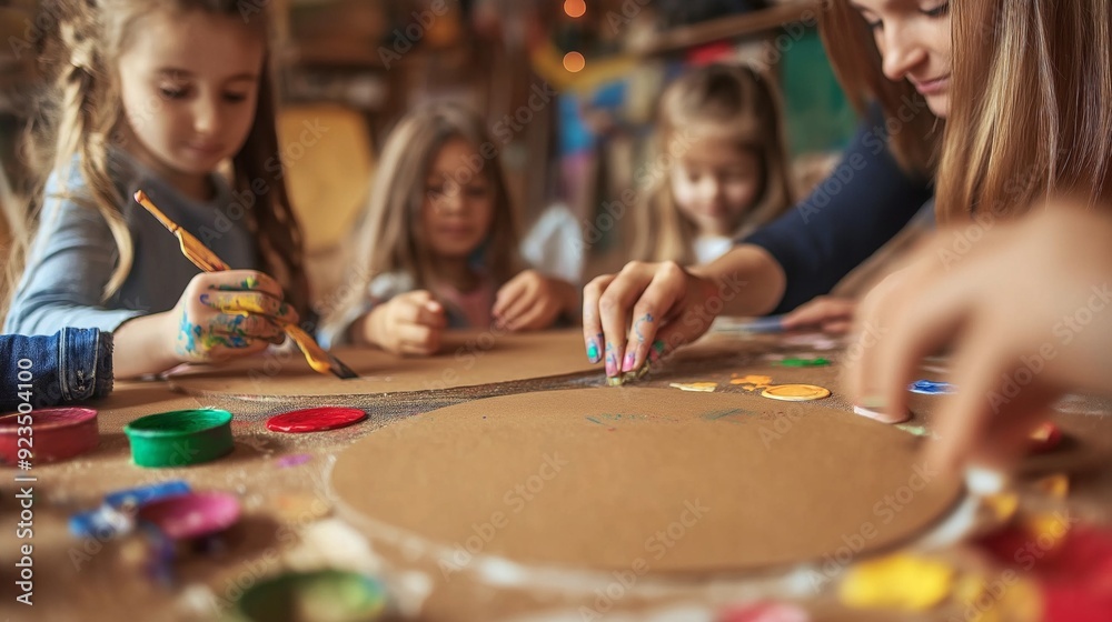 Fototapeta premium Children Engaged in Sustainable Art Projects Using Eco-Friendly Materials