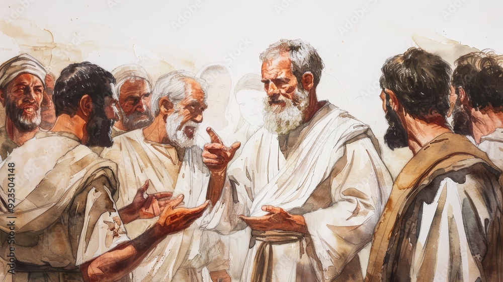 Biblical Illustration of Apostle Matthew Converting Tax Collectors and Sinners Sharing Gospel with All on Beige Background with Copyspace Biblical Illustration of Apostle Matthew Converting Tax Collectors and Sinners Sharing Gospel with All on Beige Background with Copyspace