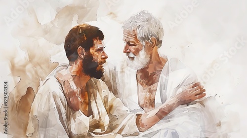 Biblical Illustration of Apostle John Comforting Persecuted Christians Offering Words of Hope on Beige Background with Copyspace photo