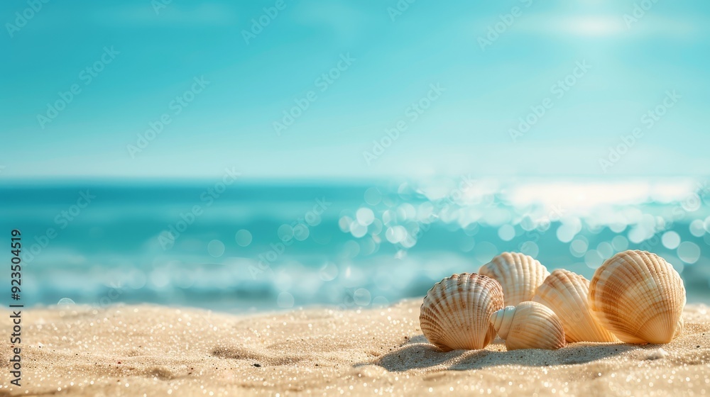 Seashells on Sandy Beach With Ocean Background