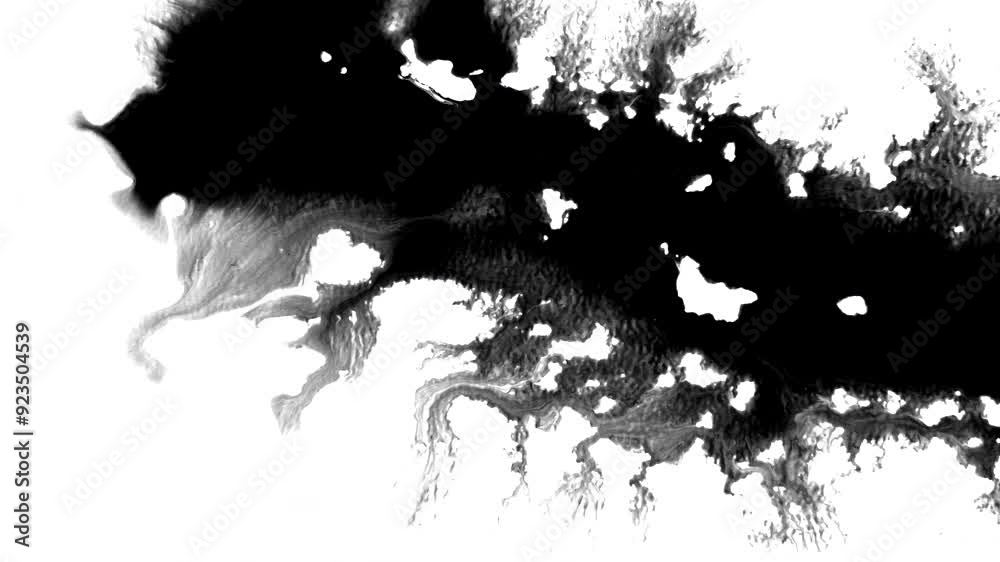 Black ink artistic from right flow splatter spots spills white paper beautiful reveal dripping streaks spread fluid ink alpha matte isolated watercolor ink drops transition	
