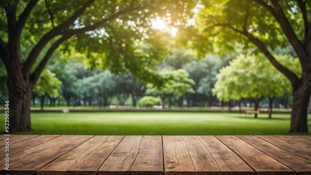 Empty Wooden Table with Blurred Green Garden Background