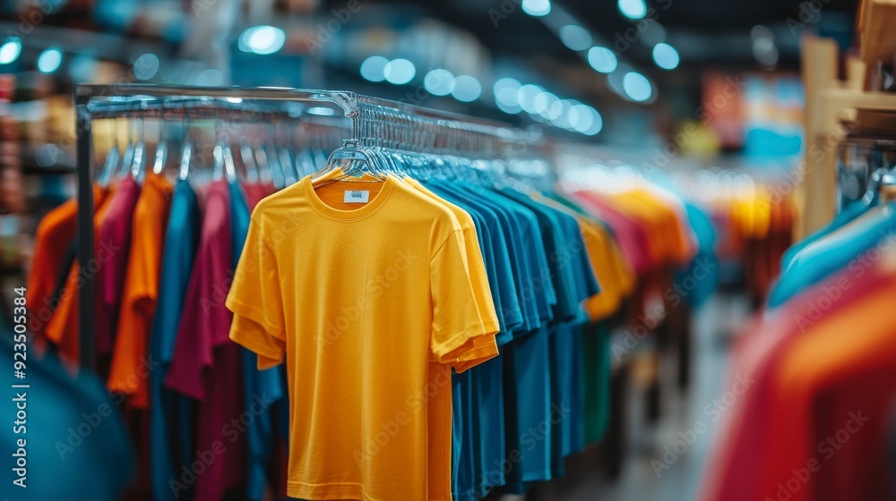 A colorful display of t-shirts hanging in a retail store. A colorful display of t-shirts hanging in a retail store.
