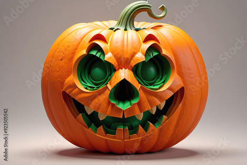 Intricately Carved Halloween Pumpkin Displayed Against a Neutral Background During Autumn Season photo