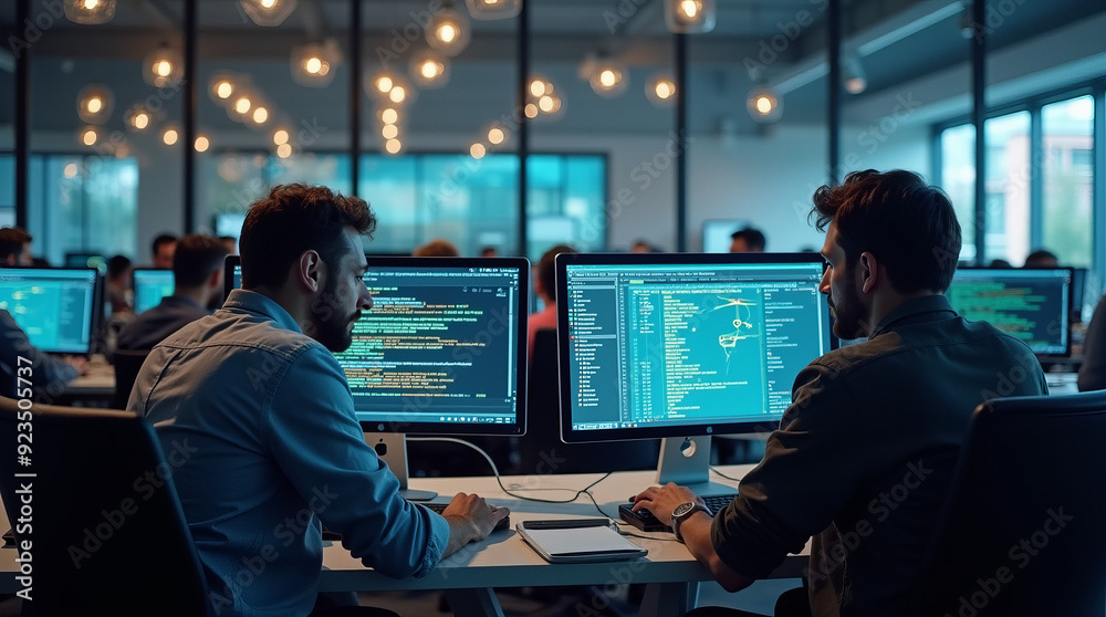 Late Night Coding Session in Tech Office: Dedicated Programmers Working on Software Project in Modern Workspace