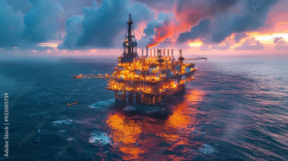 Fototapeta premium Offshore oil rig drilling platform at sunset. 
