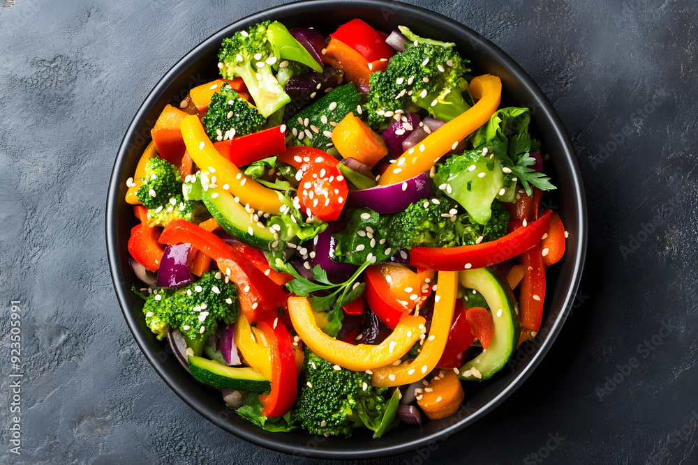 Colorful vegetable stir-fry on black plate top view on dark background commercial advertising photo Colorful vegetable stir-fry on black plate top view on dark background commercial advertising photo