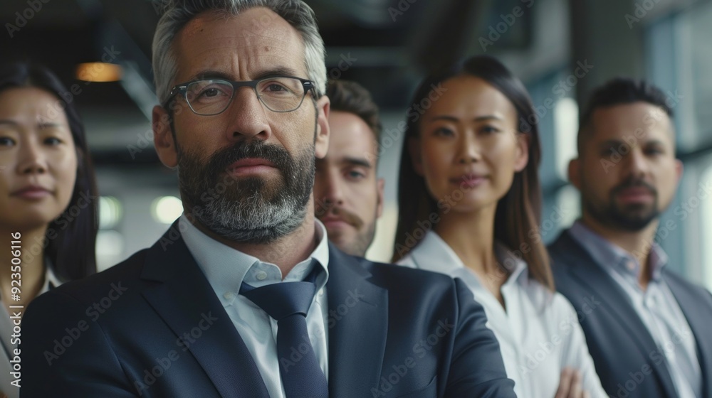 A group of diverse professionals stands united, showcasing determination and focus in a sleek, contemporary office environment filled with natural light
