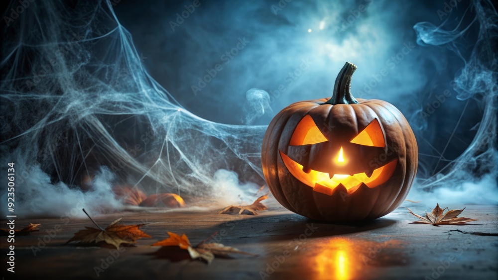 Spooky illuminated pumpkin and ghostly silhouette on a dark background ...