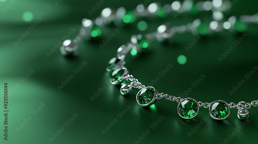 Elegant 3D Rendering of Emerald Anklet with Silver Charms on Forest Green Background - Luxury Fashion Accessory Concept Elegant 3D Rendering of Emerald Anklet with Silver Charms on Forest Green Background - Luxury Fashion Accessory Concept