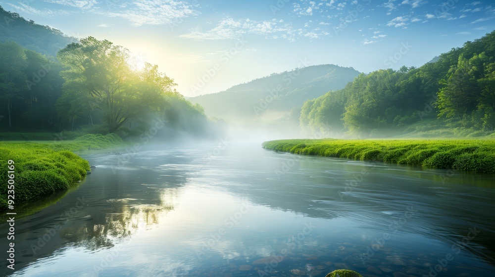 Misty river flowing through lush green valley Misty river flowing through lush green valley