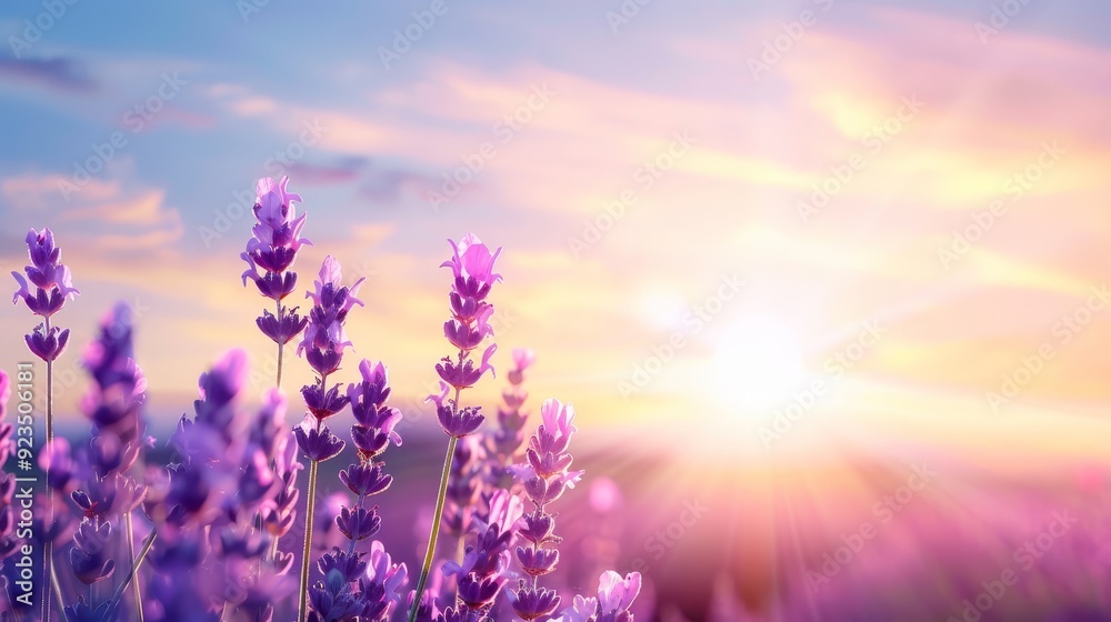 Close-up lavender flowers at sunrise with soft light Close-up lavender flowers at sunrise with soft light