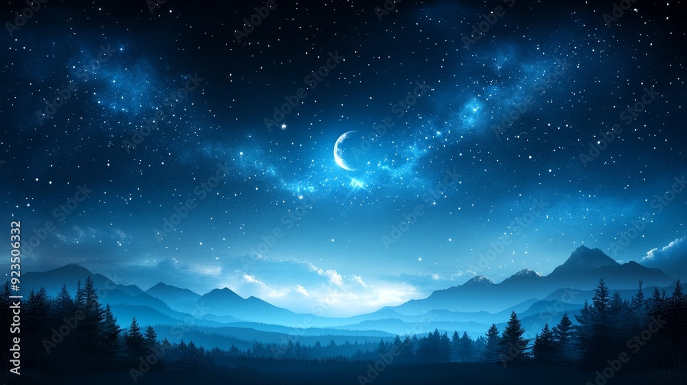 Fototapeta premium Night sky with crescent moon over mountains