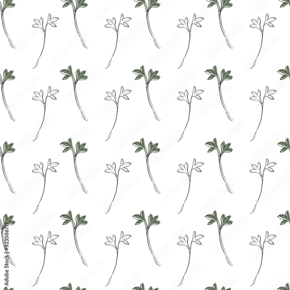 hand drawn vector seamless pattern with microgreens . Contour sprouts of watercress plant. Print for fabric, health food packaging, labels. hand drawn vector seamless pattern with microgreens . Contour sprouts of watercress plant. Print for fabric, health food packaging, labels.