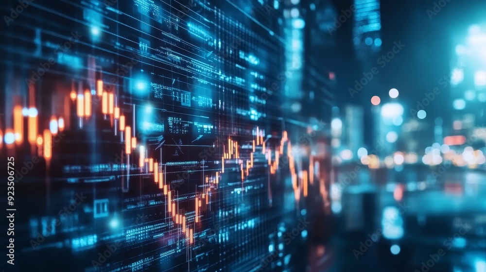 Fototapeta premium Stock Market Data Visualization with City Lights