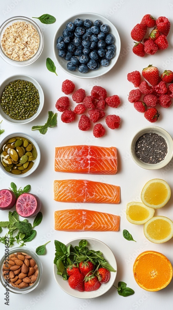 Fresh salmon, fruits, berries and nuts forming a healthy diet concept Fresh salmon, fruits, berries and nuts forming a healthy diet concept