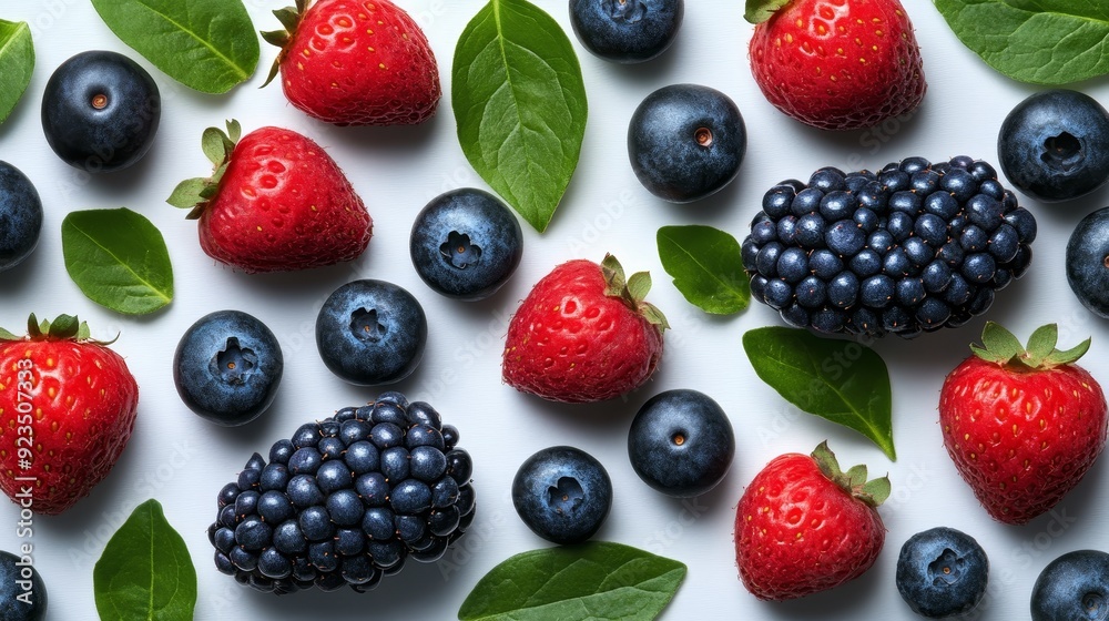 Fresh mixed berries and green leaves flat lay Fresh mixed berries and green leaves flat lay