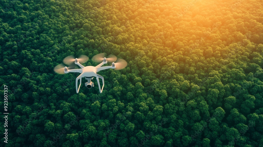 Drone flying over lush forest at sunset